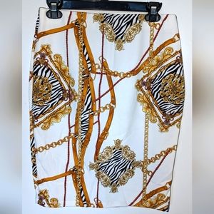 White skirt with yellow print, no zipper, pencil, stretch, bodycon